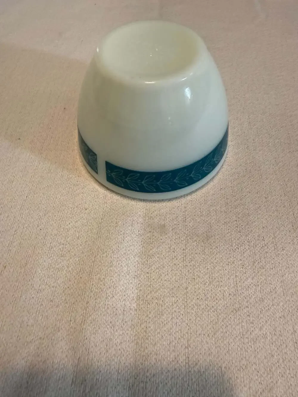 Vintage Pyrex Tableware Milk Glass Individual Bowl with Teal Laurel Leaf Pattern